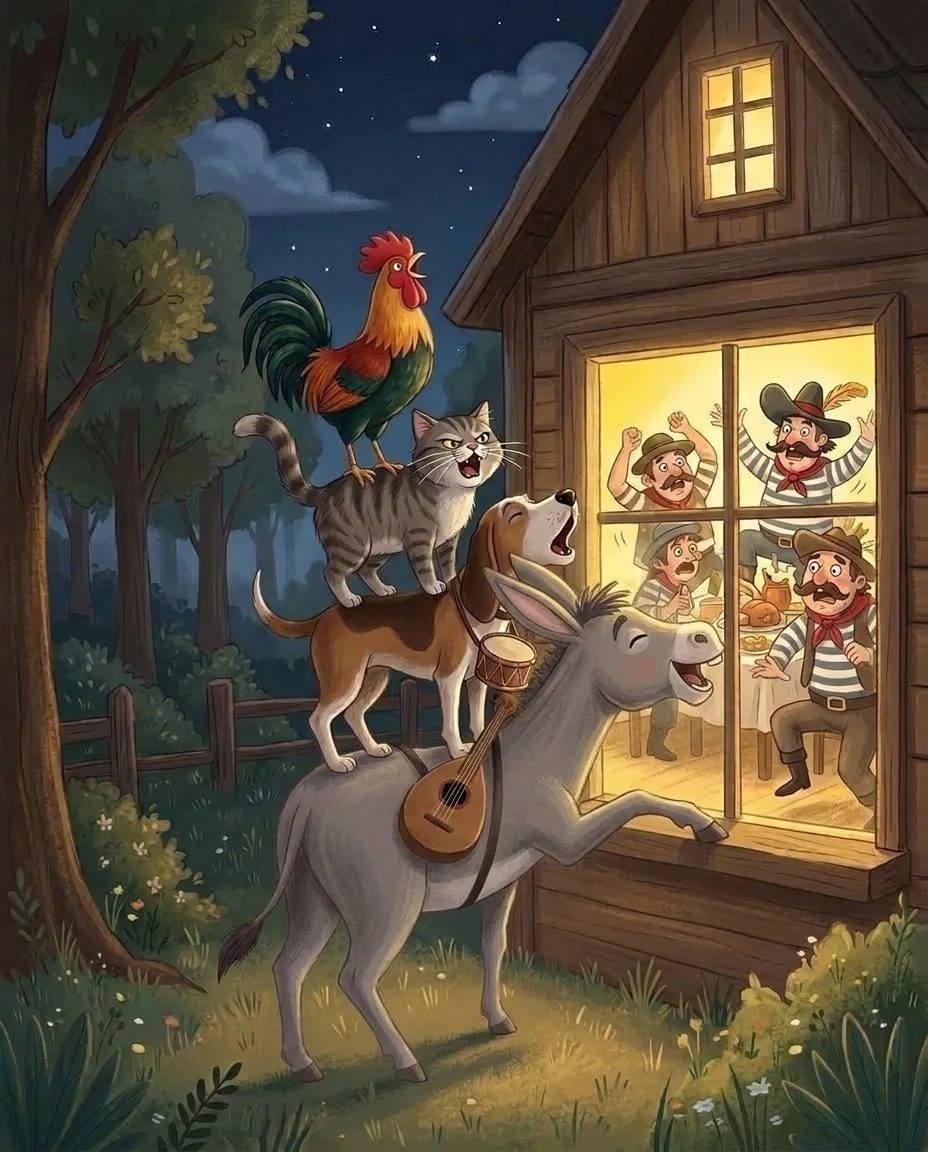 L'asino, il cane, il gatto e il gallo, uno sopra l'altro davanti alla finestra illuminata, cantano a squarciagola