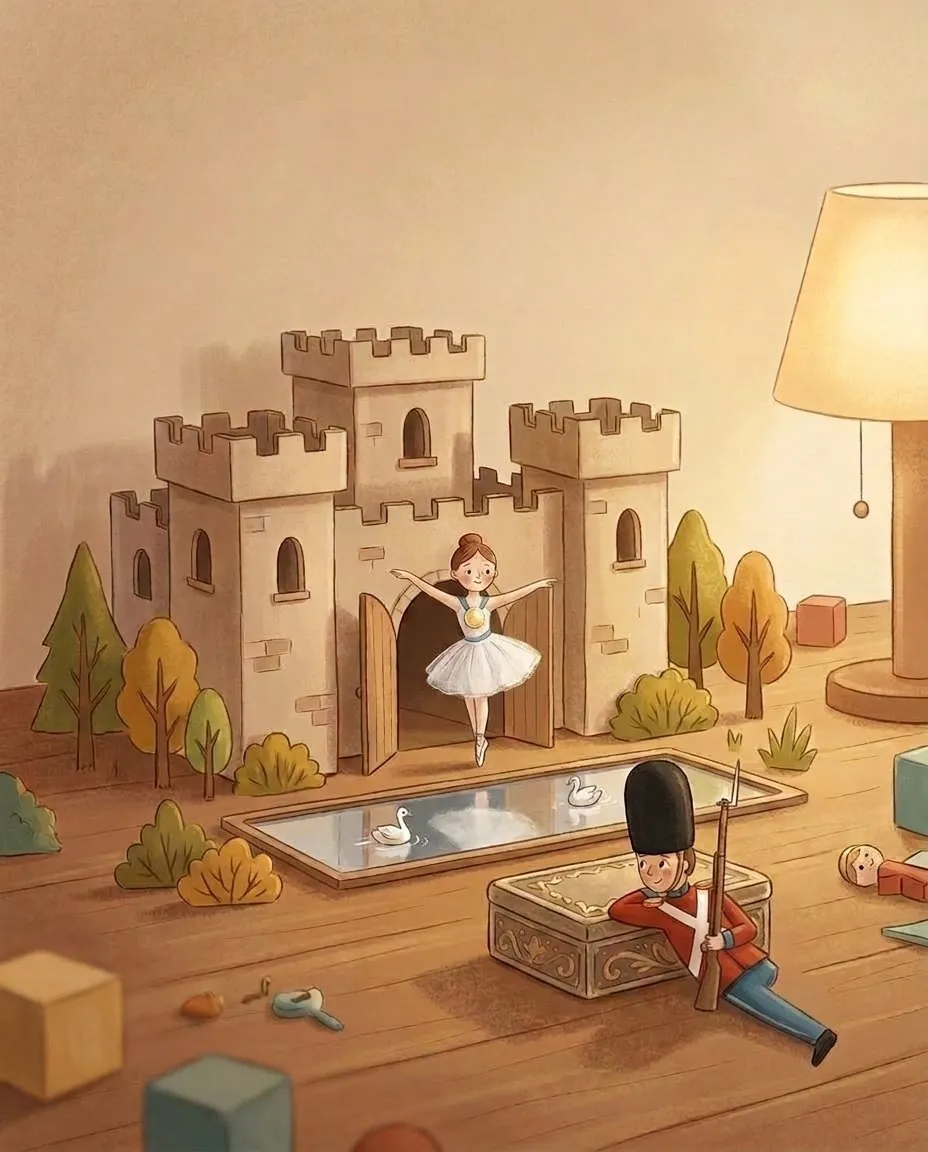 Una ballerina di carta sta su una gamba sola davanti a un castello di carta, e il soldatino la guarda da dietro una tabacchiera
