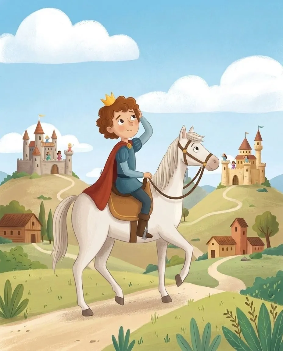 Un giovane principe a cavallo viaggia per il mondo e osserva le principesse davanti ai loro castelli