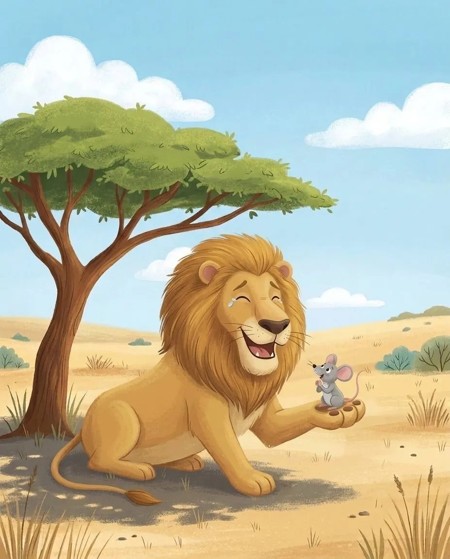 Il leone tiene il topolino nella zampa e ride a crepapelle