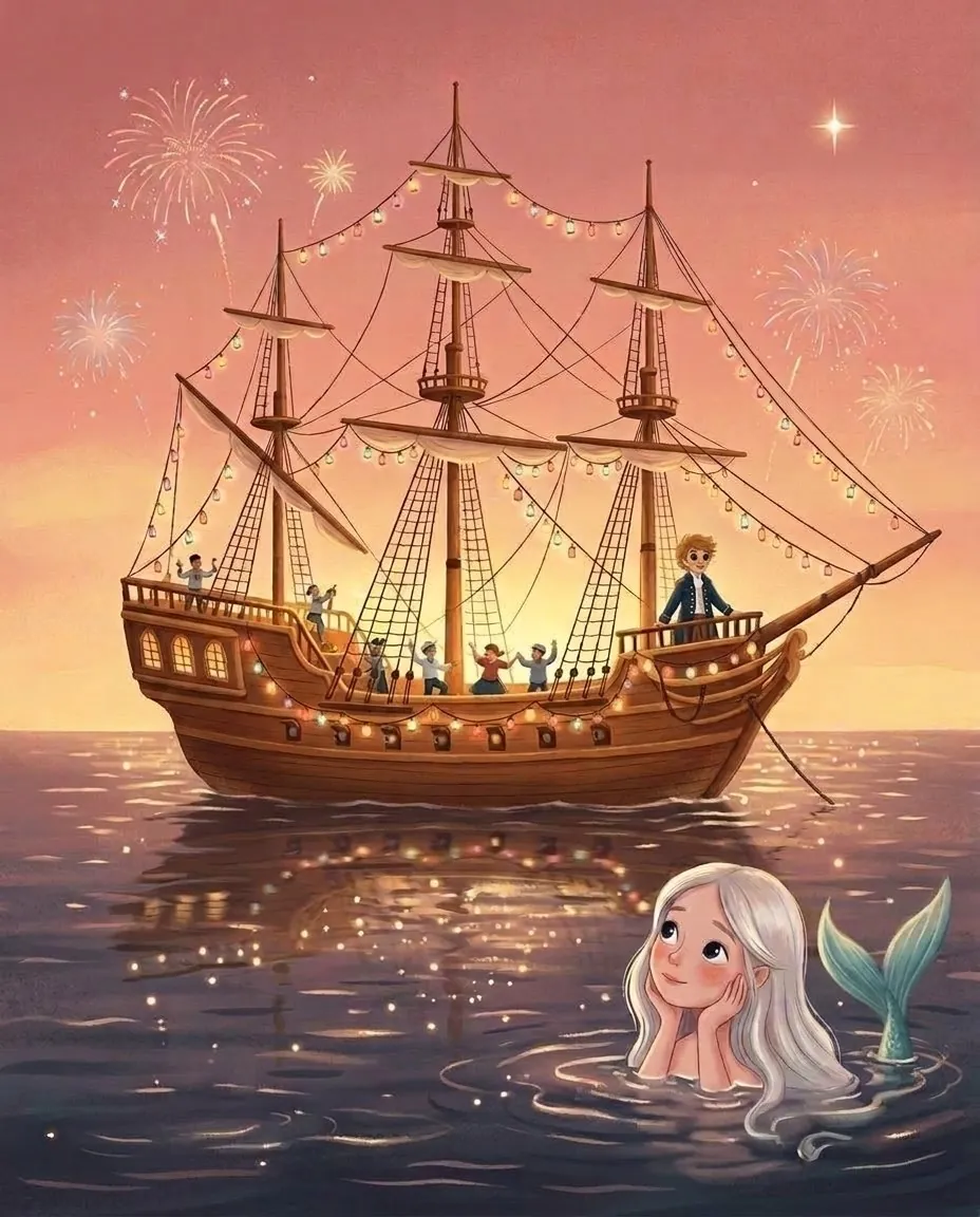 Dall'acqua la sirenetta guarda una nave con lanterne colorate e i fuochi d'artificio nel cielo