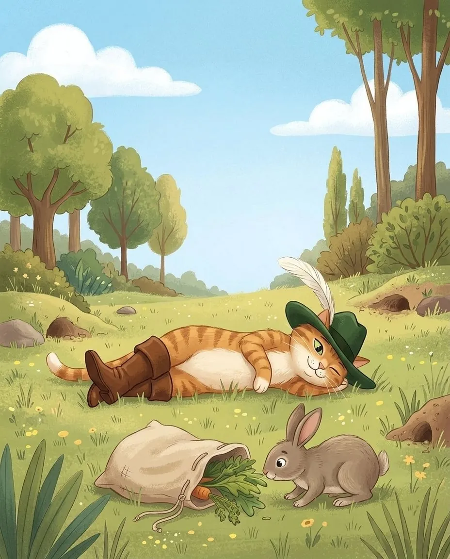 Il gatto con gli stivali e il cappello è sdraiato nell'erba accanto a un sacco aperto, e un coniglio sbuca dai cespugli