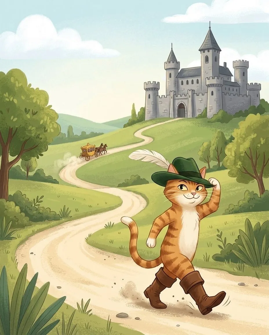 Il gatto con gli stivali cammina allegro sulla strada verso il castello dell'orco, e dietro di lui arriva la carrozza del re
