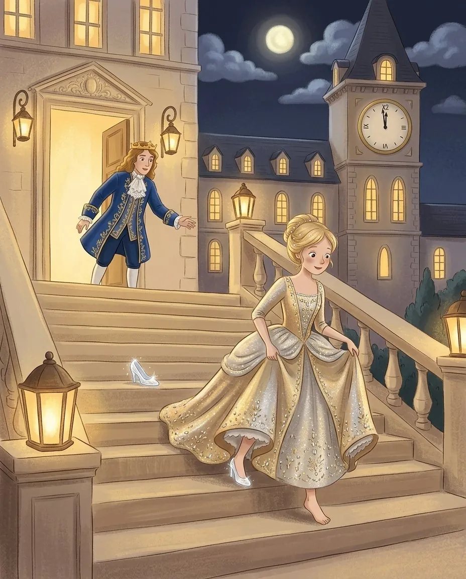 Cenerentola fugge giù per la scalinata del palazzo mentre l'orologio segna quasi mezzanotte, e una scarpetta di cristallo è rimasta su un gradino