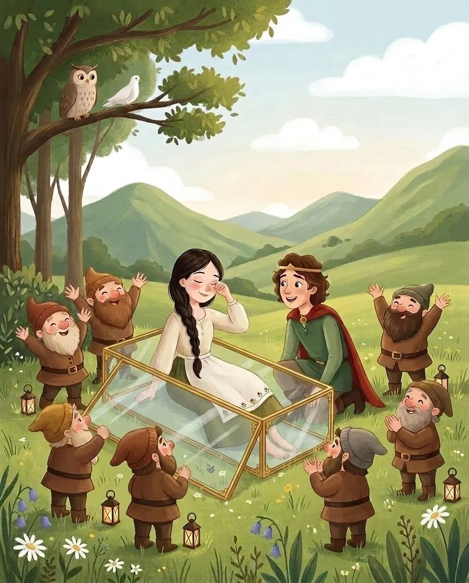 Biancaneve si risveglia nella bara di vetro, e il principe e i nani fanno festa