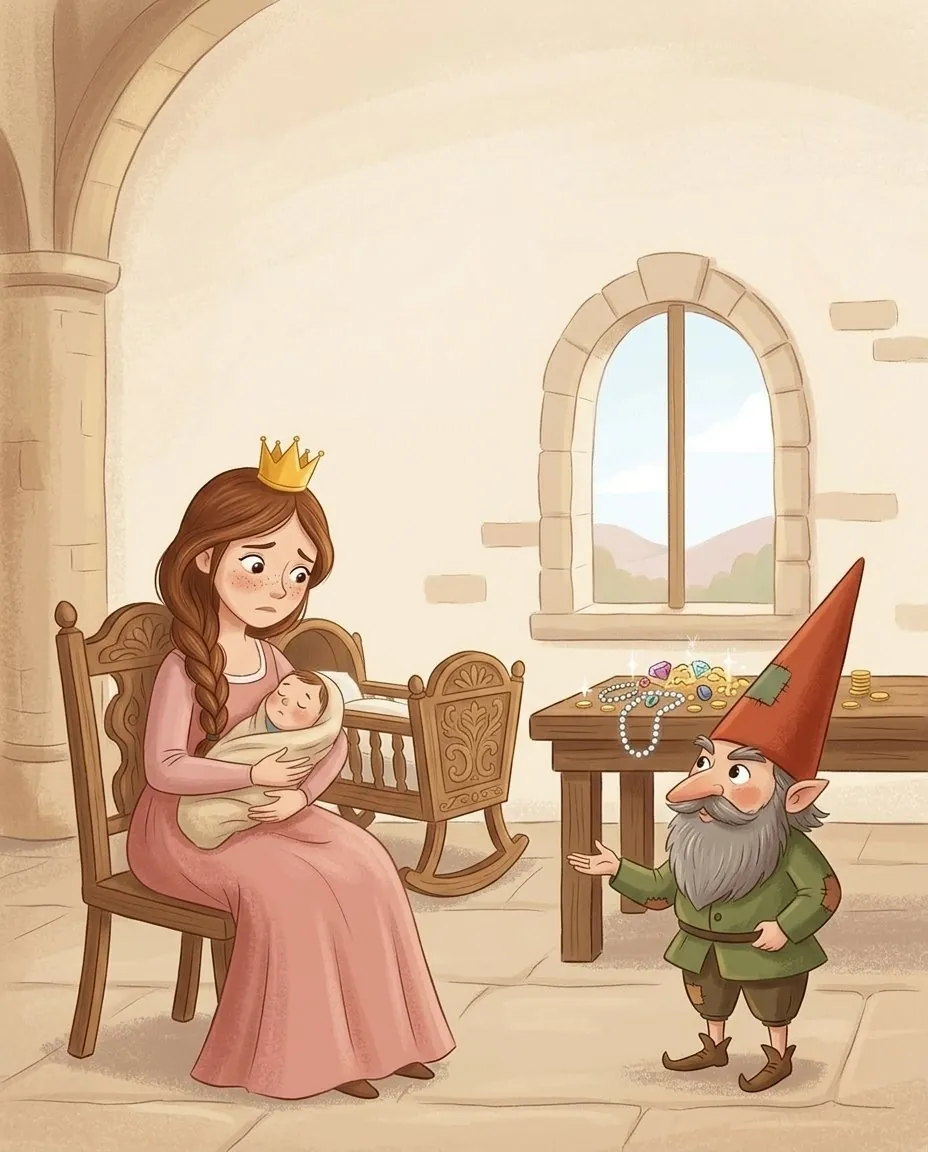 La regina tiene in braccio il suo bambino, e davanti a lei l'omino tende la mano