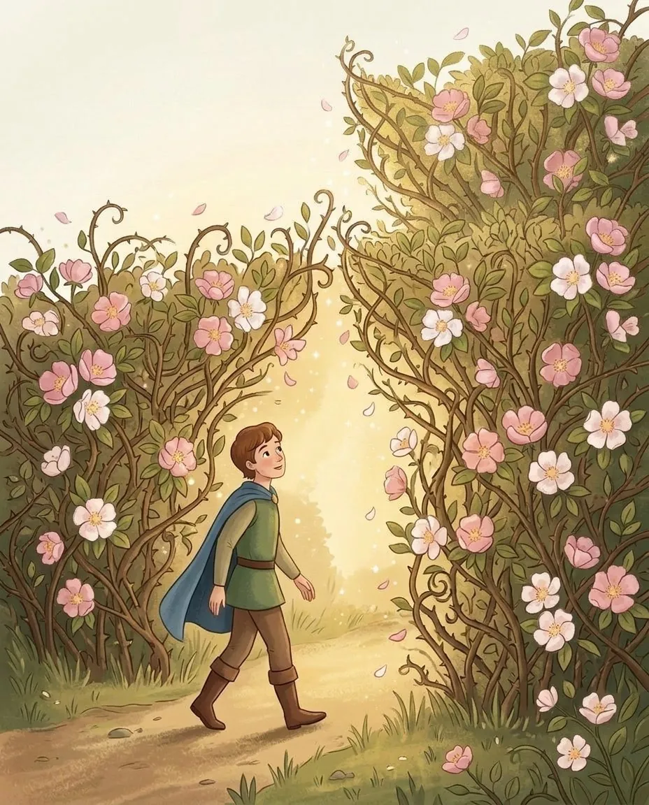 Il principe attraversa la siepe di spine, che fiorisce e si apre davanti a lui