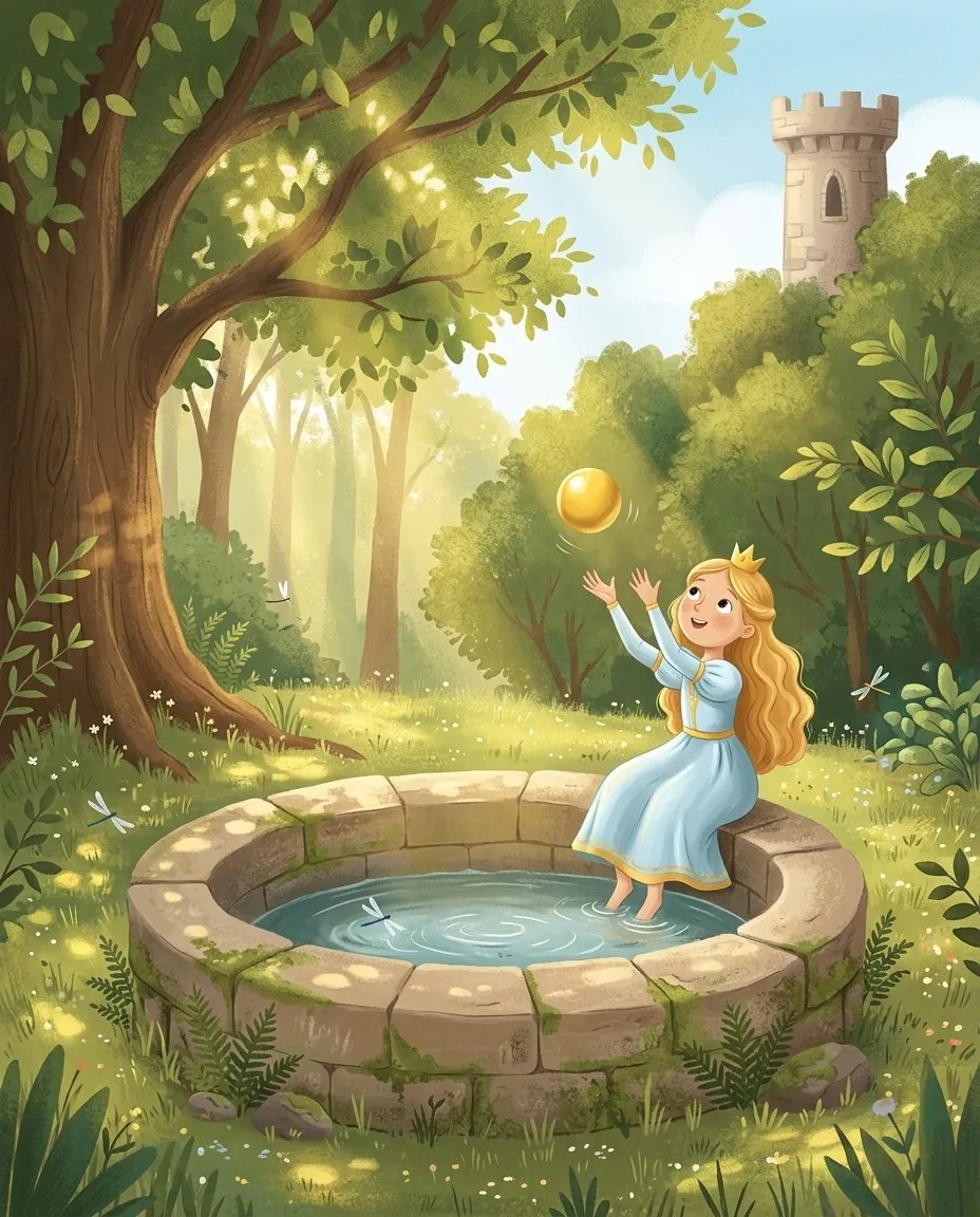 La principessa è seduta sul bordo della fontana sotto il vecchio tiglio e lancia in alto una palla d'oro
