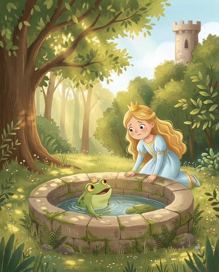 Un ranocchio verde sporge la testa dalla fontana e parla alla principessa in lacrime