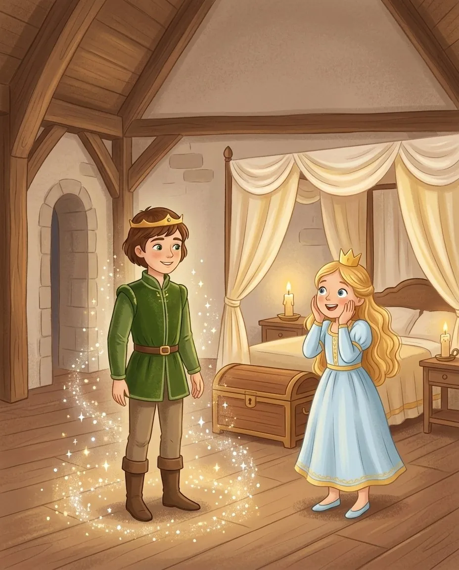 Al posto del ranocchio, nella stanza c'è un principe gentile, e la principessa lo guarda stupita